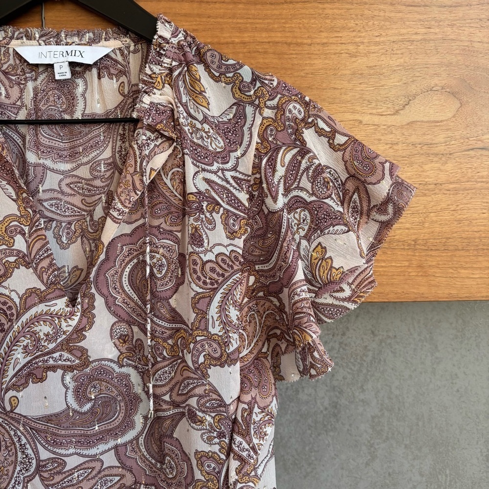 Intermix Silk Ruffle Blouse Metallic Thread, Size P - Picture 5 of 11